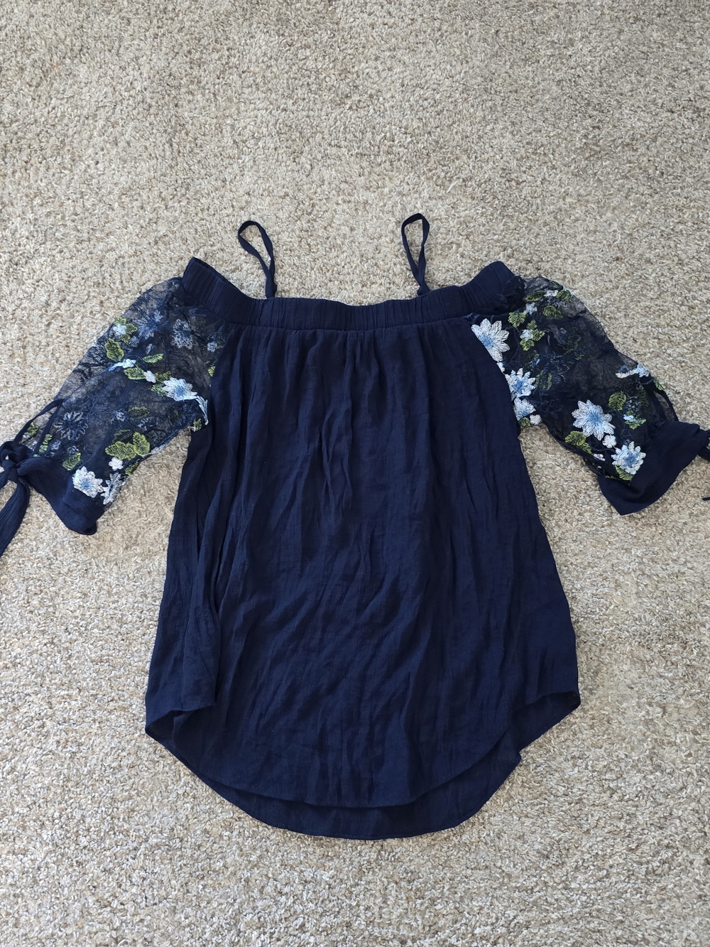 A. Byer Navy Off-Shoulder Camisole with Blue and Green Floral Embroidery